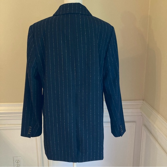 H&M Black Beige Pinstripe Viscose Blend Double Breasted Blazer Jacket NWT - Picture 3 of 7